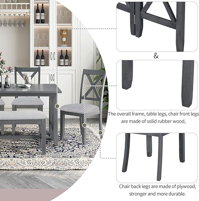 Dining Table Set for 6, 6-Piece Foldable Dining Room Set, Solid Wood Foldable Table and 4 Chairs with Bench for Dining Room, Living Room, Grey - LeafyLoom