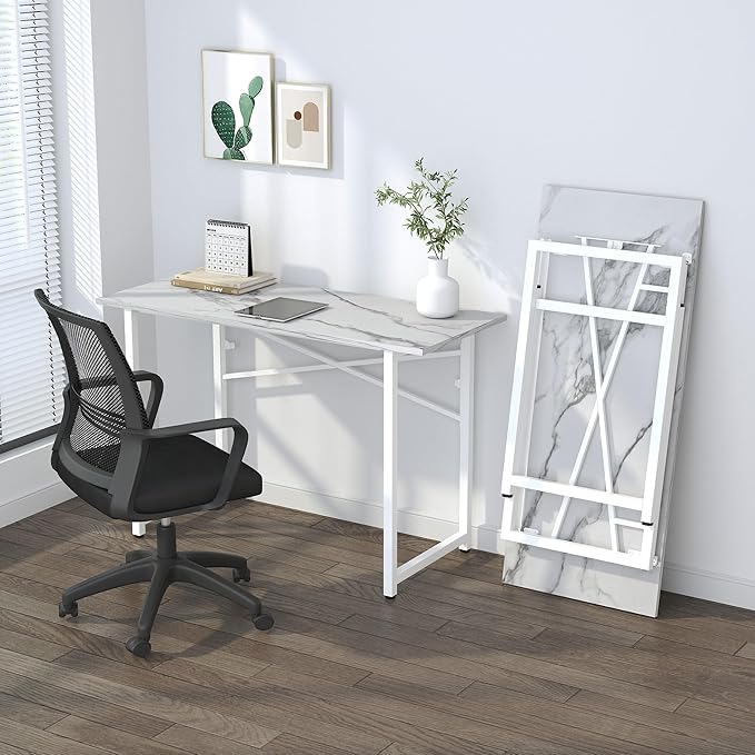 47 inch Folding Desk No Assembly Required, Writing Gaming Computer Camping Table, Home Office Desk, White Marble - LeafyLoom