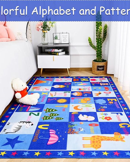 Terrug Kids Rugs ABC Alphabet Carpet Playmat, Word Educational Area Rug, Non Slip Cute Cartoon Daycare Supplies, Kids Gift for Playroom, Classroom, Bedroom and Nursery (4x6 Feet) - LeafyLoom