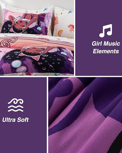 A Nice Night Purple Comforter Sets,Black Girl Listening Music Printed, 6Pcs Bed in A Bag Twin Size All Seasons Bedding Set,for Kids, Girls - LeafyLoom