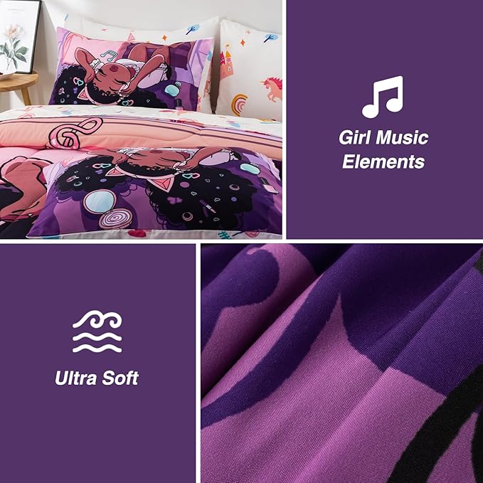 A Nice Night Purple Comforter Sets,Black Girl Listening Music Printed, 6Pcs Bed in A Bag Twin Size All Seasons Bedding Set,for Kids, Girls - LeafyLoom