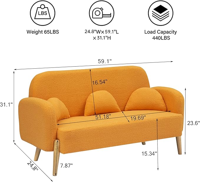 NicBex Sectional Couch Sofa with 3 Lumbar Pillows Teddy Velvet Cloud Couch for Living Room Furniture Sets with Wooden Legs, Modular Sofa for Living Room, Bedroom, Apartment,59.1" L, Orange - LeafyLoom