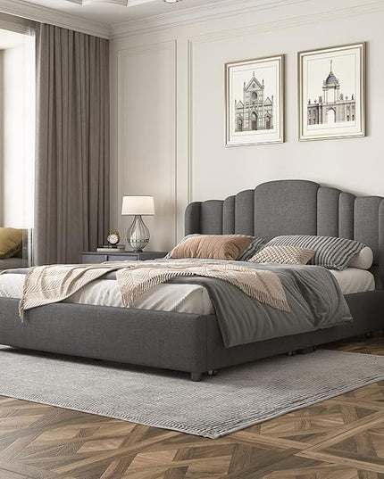 Queen Size Bed Frame with 4 Storage Drawers & Headboard Linen Upholstered Platform Bed Frame Wingback Beds with Sturdy Wooden Slats Support, Easy Assembly, Noise-Free - LeafyLoom