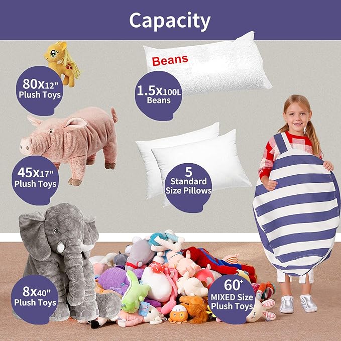 Aubliss Stuffed Animal Bean Bag Storage Chair (Royal Blue/White Striped, Medium (32'')) - LeafyLoom