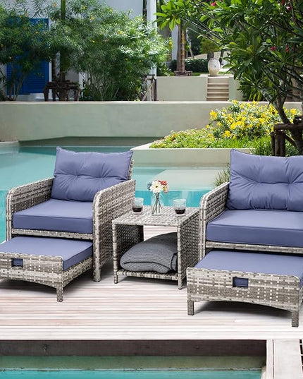 Pamapic 5 Pieces Wicker Patio Furniture Set Outdoor Patio Chairs with Ottomans Conversation Furniture with coffetable for Poorside Garden Balcony(Purple Cushion + Grey Ratten)… - LeafyLoom