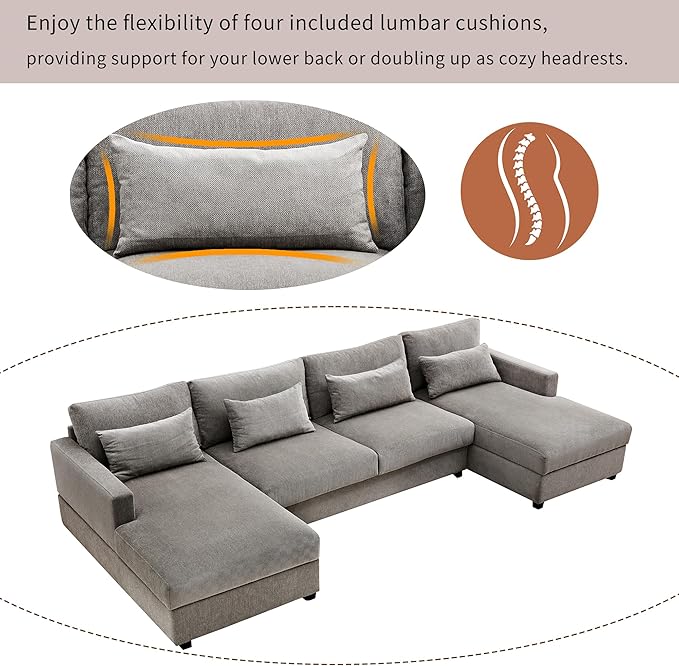 UBGO Modular Sectiona Oversized, Living Room Furniture Sets, couches with 2 Chaise w/Storage 4 Lumbar Support Pillows Space Dorm Apartment-Gray, 128.3" Large U-Shape Sectional Sofa, Grey a - LeafyLoom