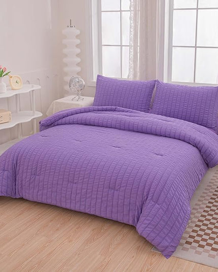 Seersucker Purple Queen Size Comforter Sets for Girls Women Boho Purple Seersucker Bedding Set & Collections 5 Pieces-Soft Lightweight Microfiber Bed Set for All Season,Queen 90''x90''… - LeafyLoom