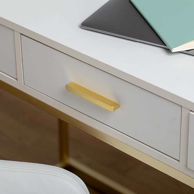 Martha Stewart Ollie Home Office Desk with 3 Drawers in White with Polished Brass Hardware - LeafyLoom