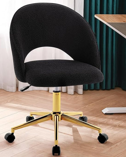 Furniliving Home Vanity Desk Chair, Modern Cute Desk Chairs Adjustment Height Chair with Swivel Wheels Upholstered Sherpa Gold Metal Base for Makeup Living Room Bedroom,Black - LeafyLoom