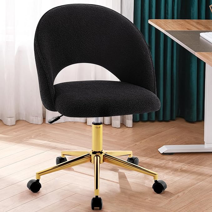 Furniliving Home Vanity Desk Chair, Modern Cute Desk Chairs Adjustment Height Chair with Swivel Wheels Upholstered Sherpa Gold Metal Base for Makeup Living Room Bedroom,Black - LeafyLoom
