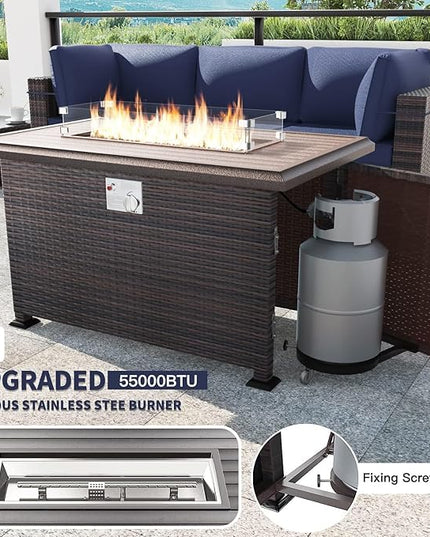 Kullavik 10 Pieces Outdoor Patio Furniture Set with 43" Gas Propane Fire Pit Table PE Wicker Rattan Sectional Sofa Patio Conversation Sets,Navy Blue - LeafyLoom