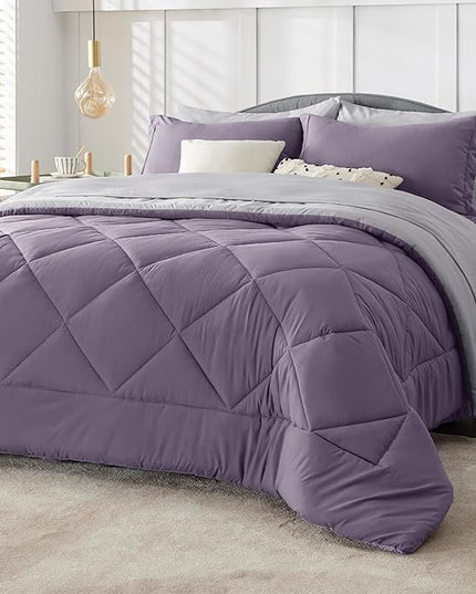 Bedsure Grayish Purple Full Size Comforter Set - 7 Pieces Reversible Full Bed in a Bag, Full Bed Set Grayish Purple and Grey with Comforters, Sheets, Pillowcases & Shams - LeafyLoom