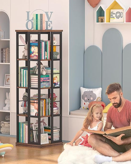 Aheaplus Rotating Bookshelf, Corner Bookshelf, 360 Display Wood Spinning Bookshelf, Floor Standing Bookcase Narrow Shelf Revolving Organizer Storage Rack for Small Space, Bedroom, Study Room - LeafyLoom