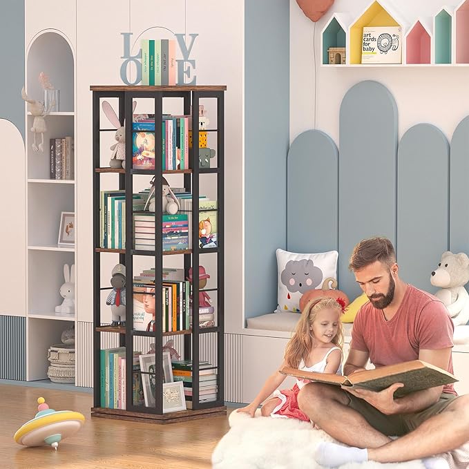 Aheaplus Rotating Bookshelf, Corner Bookshelf, 360 Display Wood Spinning Bookshelf, Floor Standing Bookcase Narrow Shelf Revolving Organizer Storage Rack for Small Space, Bedroom, Study Room - LeafyLoom