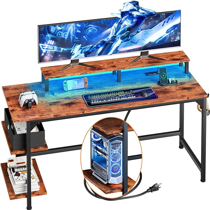 Furologee Computer Desk with Charging Station and LED Lights, 55" Office Gaming Desk with Adjustable Shelves and Fabric Drawer, Study Table with Monitor Stand and Hooks, Rustic Brown - LeafyLoom