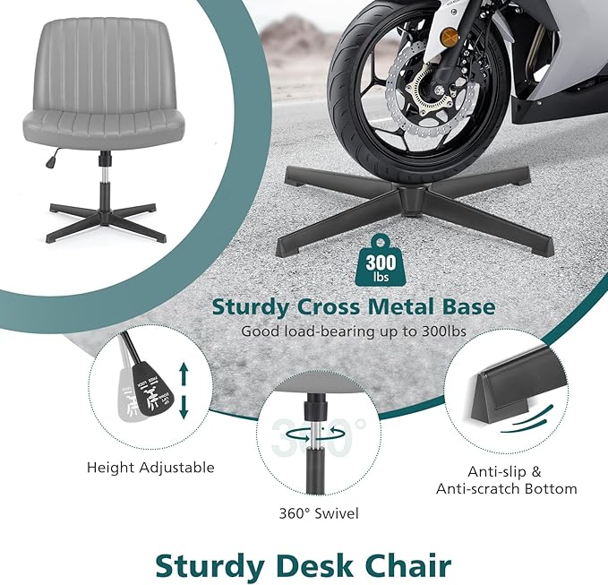 OLIXIS Cross Legged Armless Wide Adjustable Swivel Padded Home Office Desk Chair, Silver - LeafyLoom