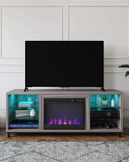 Ameriwood Home Lumina Fireplace TV Stand for TVs up to 70 Inch, Replaceable Electric Fireplace Insert Heater, Remote Control, Timer, Color Changing LED Lights, Crystal Ember Flames, Light Walnut - LeafyLoom