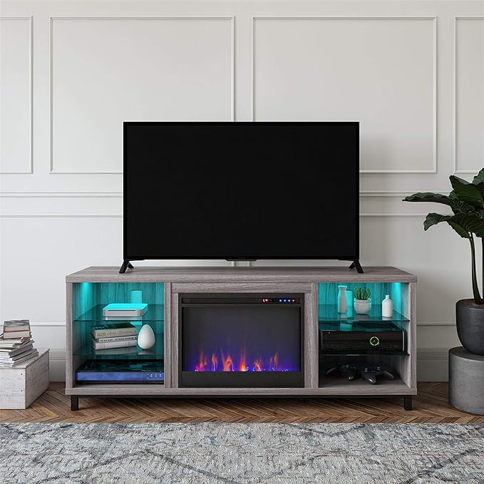 Ameriwood Home Lumina Fireplace TV Stand for TVs up to 70 Inch, Replaceable Electric Fireplace Insert Heater, Remote Control, Timer, Color Changing LED Lights, Crystal Ember Flames, Light Walnut - LeafyLoom