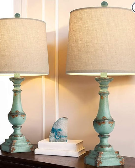 PORTRES 24.5" Rustic Table Lamp Set of 2 for Living Room Farmhouse Bedside Nightstand Lamps for Bedroom Kids Room Study Room Office Rustic Table Lamps Resin Green - LeafyLoom