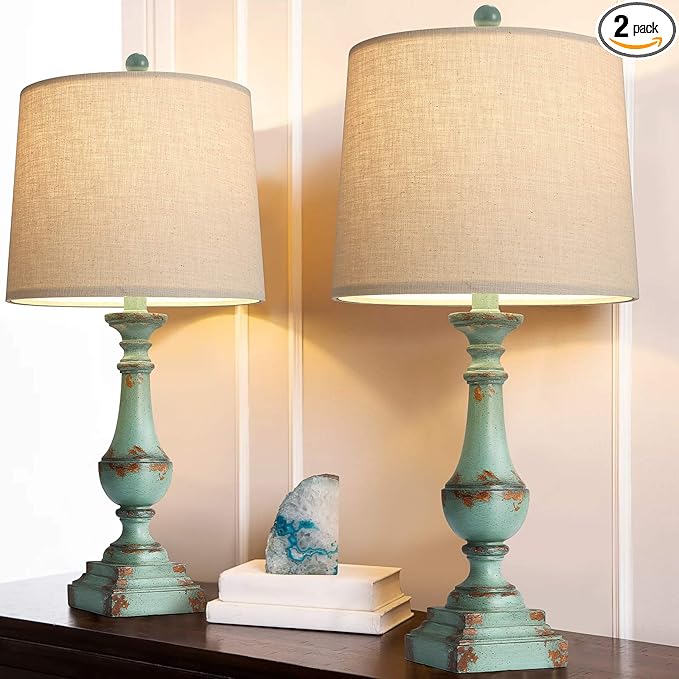 PORTRES 24.5" Rustic Table Lamp Set of 2 for Living Room Farmhouse Bedside Nightstand Lamps for Bedroom Kids Room Study Room Office Rustic Table Lamps Resin Green - LeafyLoom