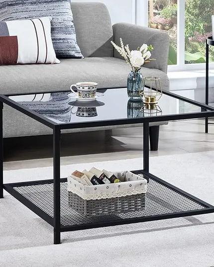 SAYGOER Coffee Table with Storage Modern Glass Coffee Tables Square Industrial Simple Center Table for Living Room Home Office Small Space 27.6 x 27.6 x 17.7 Inches Easy Assembly Gray Black - LeafyLoom