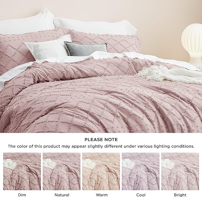 Bedsure Queen Comforter Set - Dusty Rose Boho Comforter, Tufted Shabby Chic Bedding Comforter Set, 3 Pieces Vintage Farmhouse Bed Set for All Seasons, Fluffy Soft Bedding Set with 2 Pillow Shams - LeafyLoom
