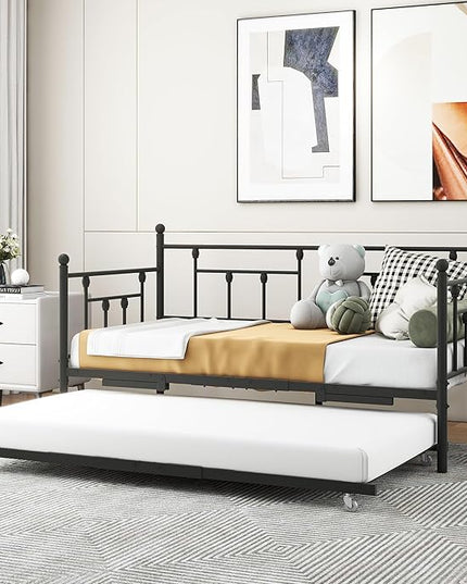 Twin Daybed with Trundle/Steel Slat Support/Space Saving Trundle Bed and Multi-Functional Furniture for Living Room and Guest Room, Black - LeafyLoom