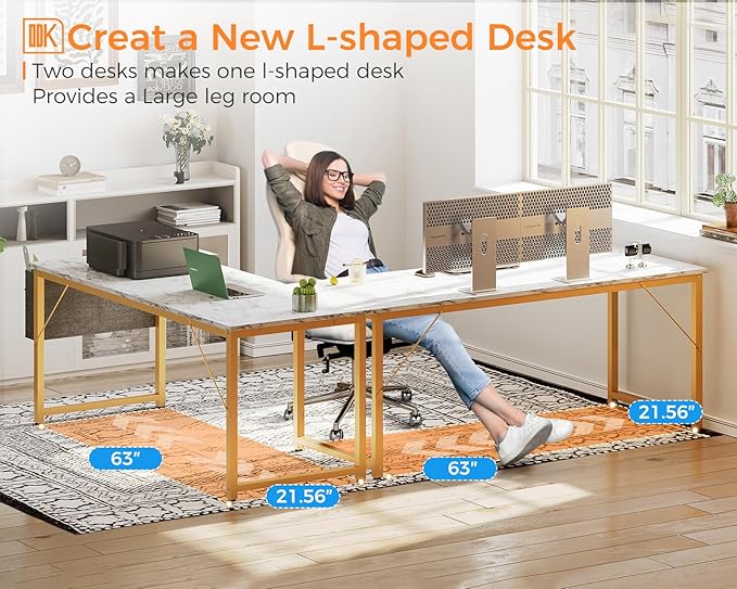 ODK Computer Desk Large Office Desk, 63 Inch Writing Desk with Storage, Modern PC Desk Work Table with Headphone Hook for Home Office, White Marble + Gold Leg - LeafyLoom