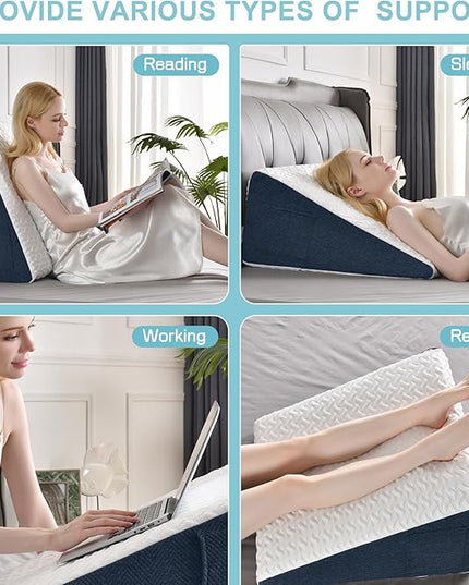 12" Bed Wedge Pillow with Cooling Memory Foam Top for Headboard, Triangle Pillow for Sleeping to Relieve Acid Reflux, Heartburn, Snoring and GERD, Reduce Neck and Back Pain - LeafyLoom
