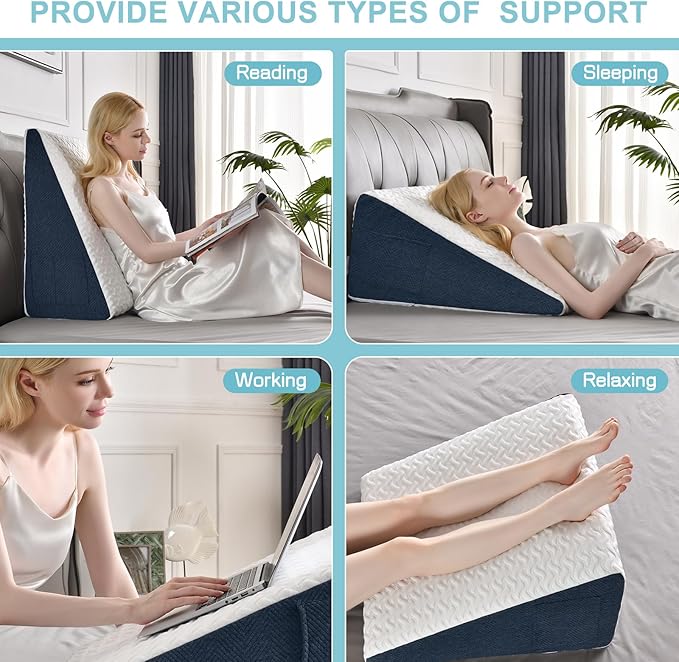 12" Bed Wedge Pillow with Cooling Memory Foam Top for Headboard, Triangle Pillow for Sleeping to Relieve Acid Reflux, Heartburn, Snoring and GERD, Reduce Neck and Back Pain - LeafyLoom