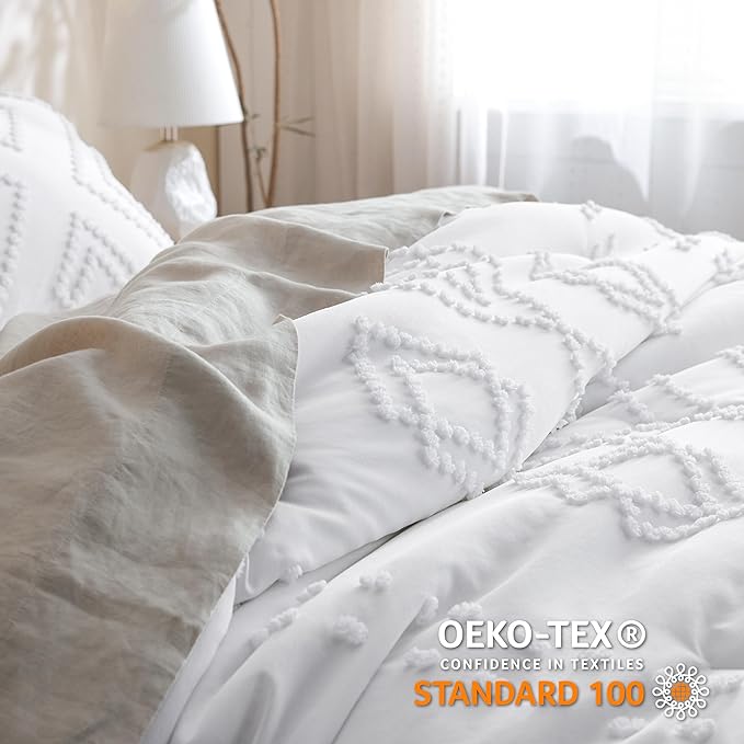 Bedsure Boho Comforter Set Queen - Linen Tufted Bedding Comforter Set, 3 Pieces Farmhouse Shabby Chic Embroidery Bedding Set, Soft Geometric Pattern Comforter for All Seasons - LeafyLoom