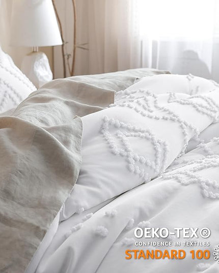 Bedsure Boho Comforter Set Full - Linen Tufted Bedding Comforter Set, 3 Pieces Farmhouse Shabby Chic Embroidery Bedding Set, Soft Geometric Pattern Comforter for All Seasons - LeafyLoom