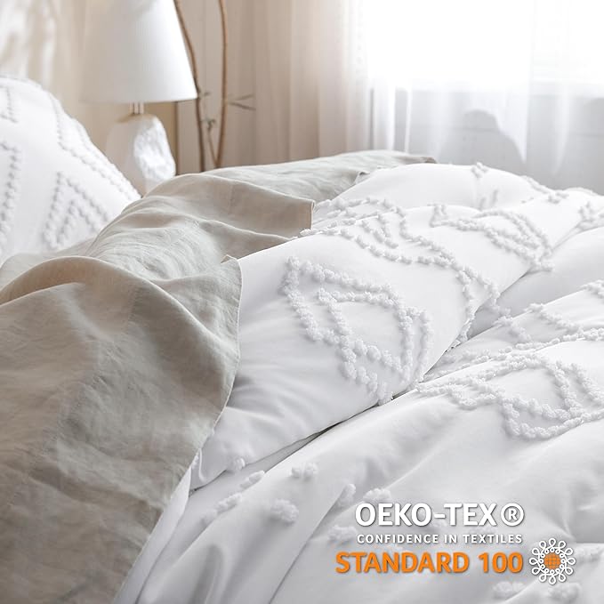 Bedsure Boho Comforter Set King - Linen Tufted Bedding Comforter Set, 3 Pieces Farmhouse Shabby Chic Embroidery Bedding Set, Soft Geometric Pattern Comforter for All Seasons - LeafyLoom