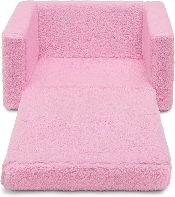 Delta Children Cozee Flip-Out Sherpa 2-in-1 Convertible Chair to Lounger for Kids, Pink - LeafyLoom