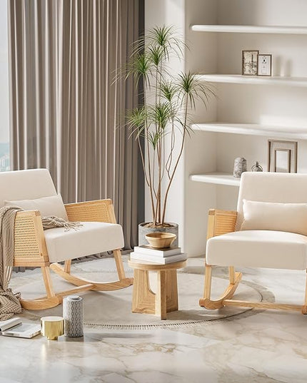YESHOMY Mid-Century Accent Rocking Chair with Pillow Upholstered with Solid Frame & Breathable Armrest for Living Room, White - LeafyLoom
