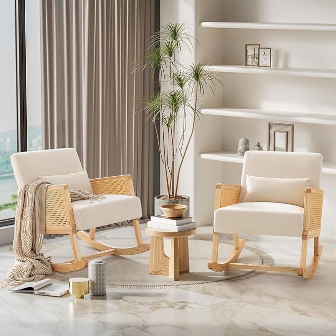 YESHOMY Mid-Century Accent Rocking Chair with Pillow Upholstered with Solid Frame & Breathable Armrest for Living Room, White - LeafyLoom