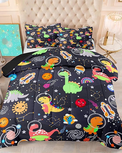 Boys Dinosaur Comforter Set Queen Size, 3Pcs Black Cartoon Dinosaur Bedding Set for Girls Kids Adults Bedroom Decor, Boys Comforter Set for All Season, Lightweight, 1 Quilt with 2 Pillowcases - LeafyLoom