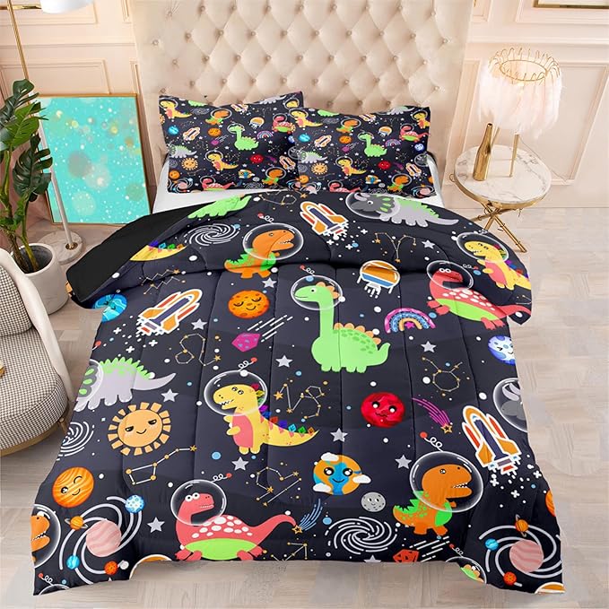 Cartoon Dinosaur Comforter Set - Boys Full Size Dinosaur Bedding Set for Bedroom Dinosaur Quilt with 2 Pillowcases for Kids Girls Boys Room Decor Lightweight Dino Comforter for All-Season, 3 Pieces - LeafyLoom