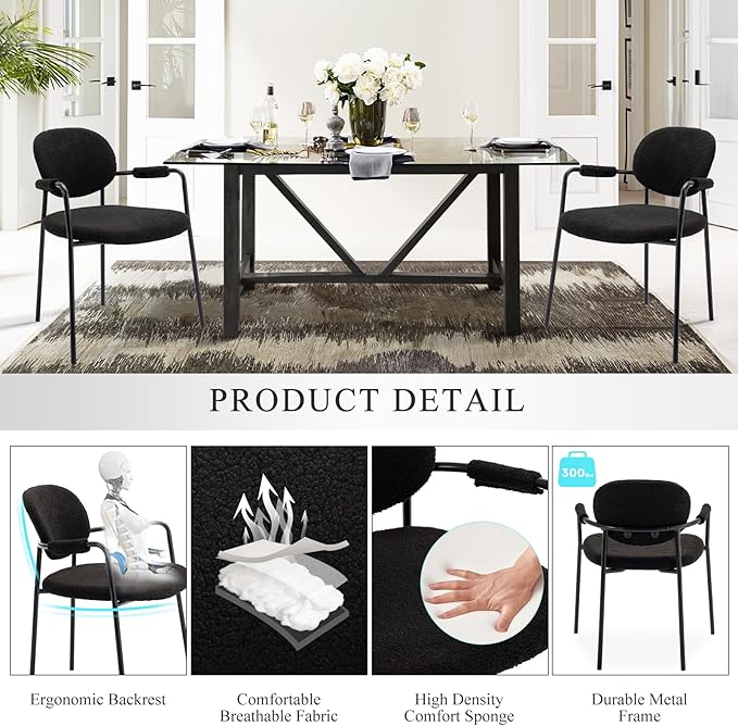 COLAMY Modern Accent Dining Chairs Set of 4, Boucle Dining Chairs with Arms, Comfy Small Sherpa Dining Armchairs with Back for Kitchen, Dining Room, Restaurant, Black - LeafyLoom
