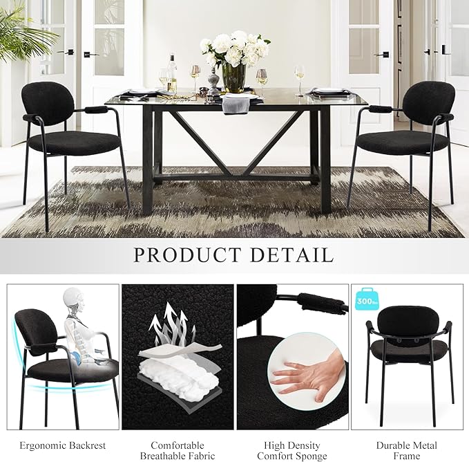 COLAMY Modern Accent Dining Chairs Set of 4, Boucle Dining Chairs with Arms, Comfy Small Sherpa Dining Armchairs with Back for Kitchen, Dining Room, Restaurant, Black - LeafyLoom