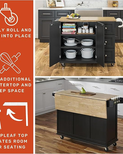 Homestyles Dolly Madison Kitchen Cart with Wood Top and Drop Leaf Breakfast Bar, Rolling Mobile Kitchen Island with Storage and Towel Rack, 54 Inch Width, Black - LeafyLoom