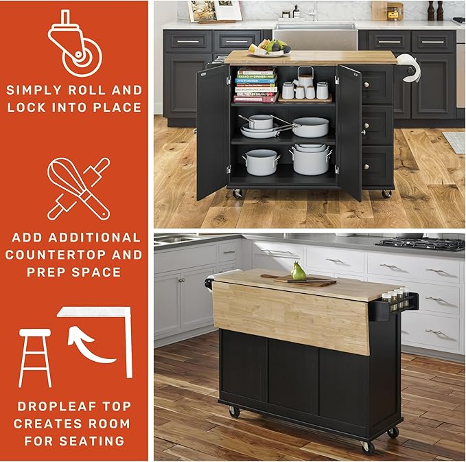 Homestyles Dolly Madison Kitchen Cart with Wood Top and Drop Leaf Breakfast Bar, Rolling Mobile Kitchen Island with Storage and Towel Rack, 54 Inch Width, Black - LeafyLoom