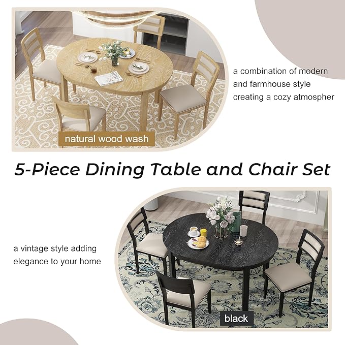 Multifunctional Farmhouse Extendable Round, 2 Small Drawers and 4 Upholstered Chairs, Room, Kitchen, 5 Piece Dining Table Set, Black 20 - LeafyLoom