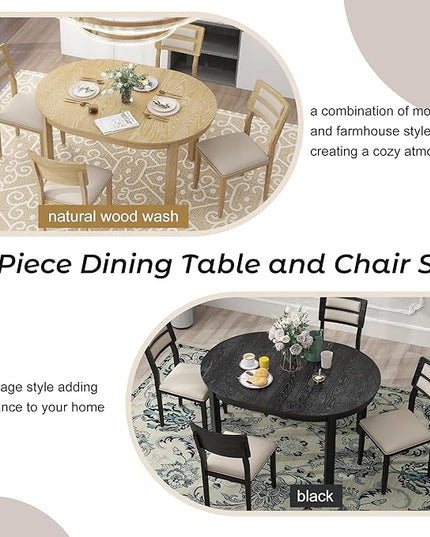 5-Piece Farmhouse Extendable Round Dining Table Set with Two 4 Upholstered Chairs for Kitchen, Breakfast Nook, Living Room, 42"-56" L x 42" W x 30" H, Black(2 Small Drawers) - LeafyLoom