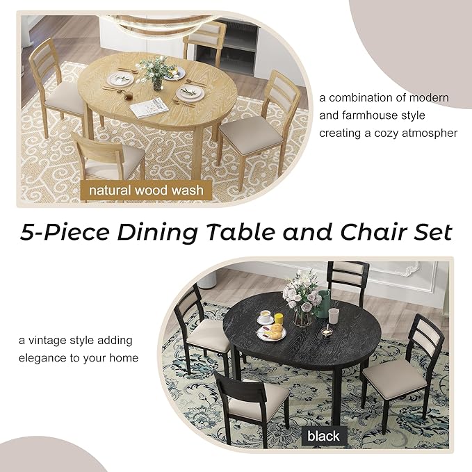 5-Piece Farmhouse Extendable Round Dining Table Set with Two 4 Upholstered Chairs for Kitchen, Breakfast Nook, Living Room, 42"-56" L x 42" W x 30" H, Black(2 Small Drawers) - LeafyLoom