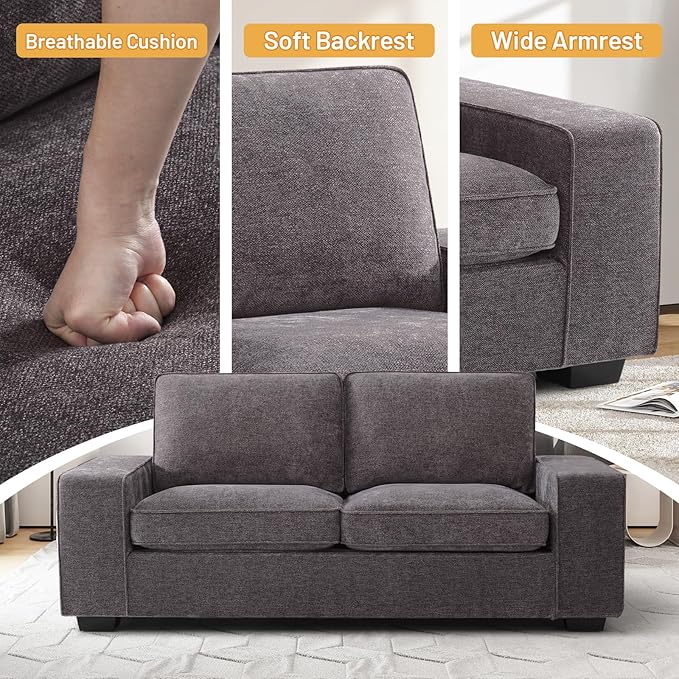 EASELAND 71" Loveseat, Small Chenille Loveseat for Small Spaces, 2-Seater Modern Deep Seat Couch with Removable Back and Cushions, Lounge Sofa for Bedroom with Wood Legs and Fluffy Armrest(Dark Grey) - LeafyLoom