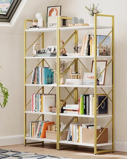 DWVO Gold Bookshelf, Modren 5 Tier Bookcase, Storage Shelves Organizer Standing Shelf, Display Rack Book Shelves for Bedroom,Living Room,Office,Kitchen, Gold - LeafyLoom