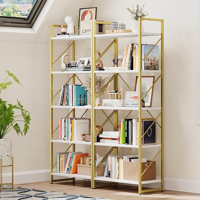 DWVO Gold Bookshelf, Modren 5 Tier Bookcase, Storage Shelves Organizer Standing Shelf, Display Rack Book Shelves for Bedroom,Living Room,Office,Kitchen, Gold - LeafyLoom