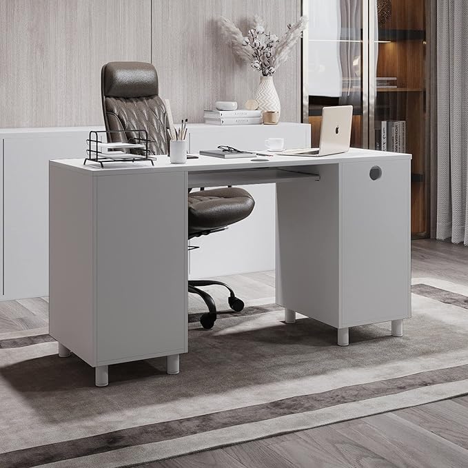 Modern Design By Crafts & comfort Venice Computer Desk - Office Desk with 3 Drawers & CPU Storage Cabinet - Laptop Workstation with Keyboard Tray & Cable Hole - Home & Office Supplies -White - LeafyLoom