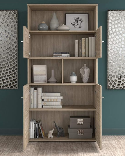 Bush Business Furniture Office 500 72W Height Adjustable Standing Desk with Storage and Bookcase in Modern Hickory - LeafyLoom